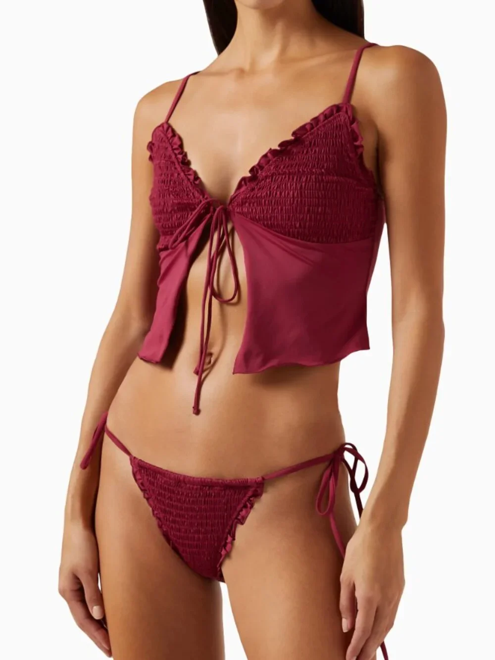 Frankies Bikinis Penelope Ruffle Tankini Bikini Top in Bordeaux Size M